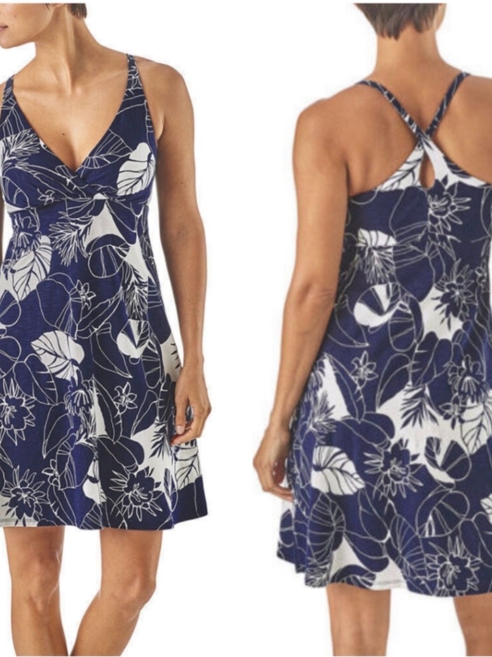 Patagonia Amber Dawn Dress XS Navy Floral Organic Cotton Cross Back Sundress